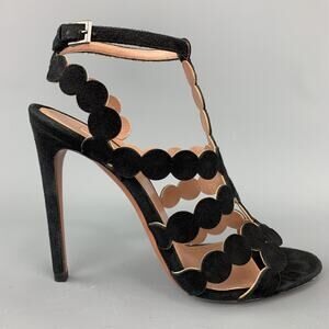 ALAIA Size 8 Black Suede Laser Cut Strappy Sandals